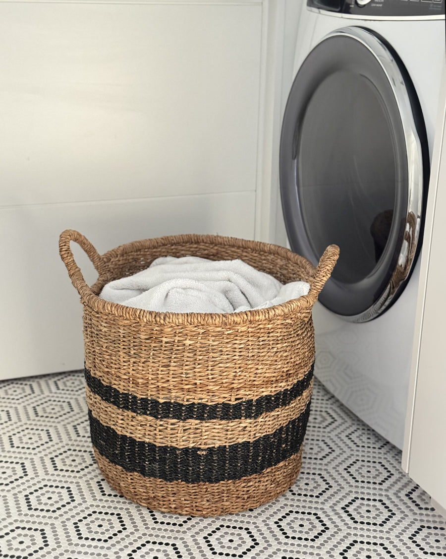 Round Abaca Striped Decorative Storage Basket with Handles, Natural and Black