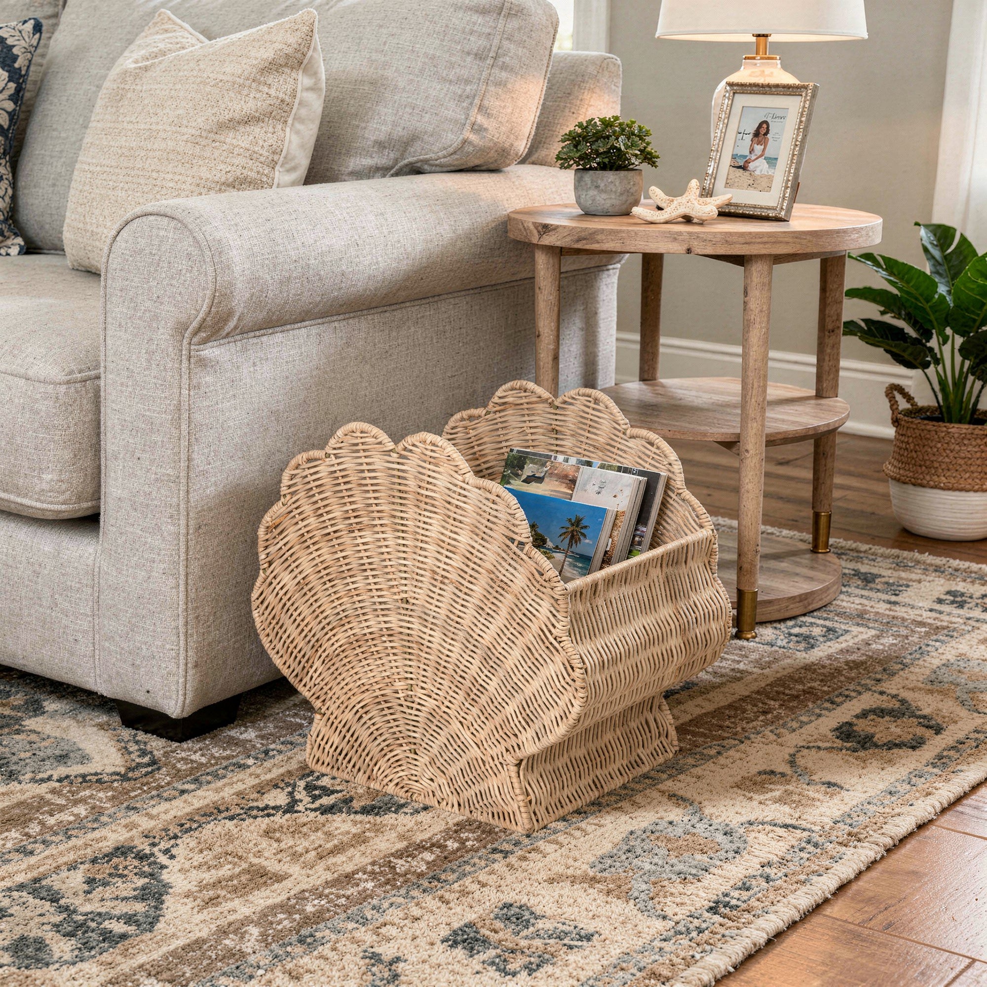 Wicker Shell Magazine and Decorative Storage Basket, Natural