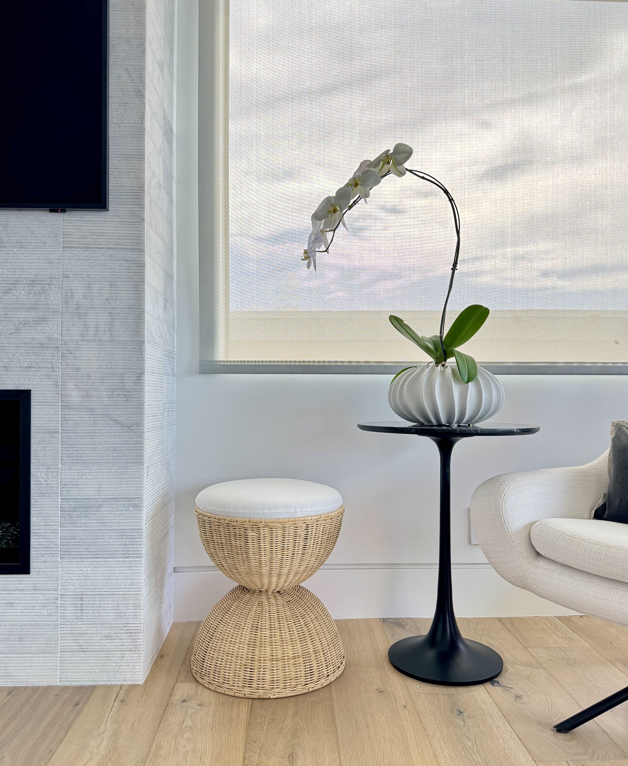 Aeris Wicker Hour Glass Upholstered Stool, Natural