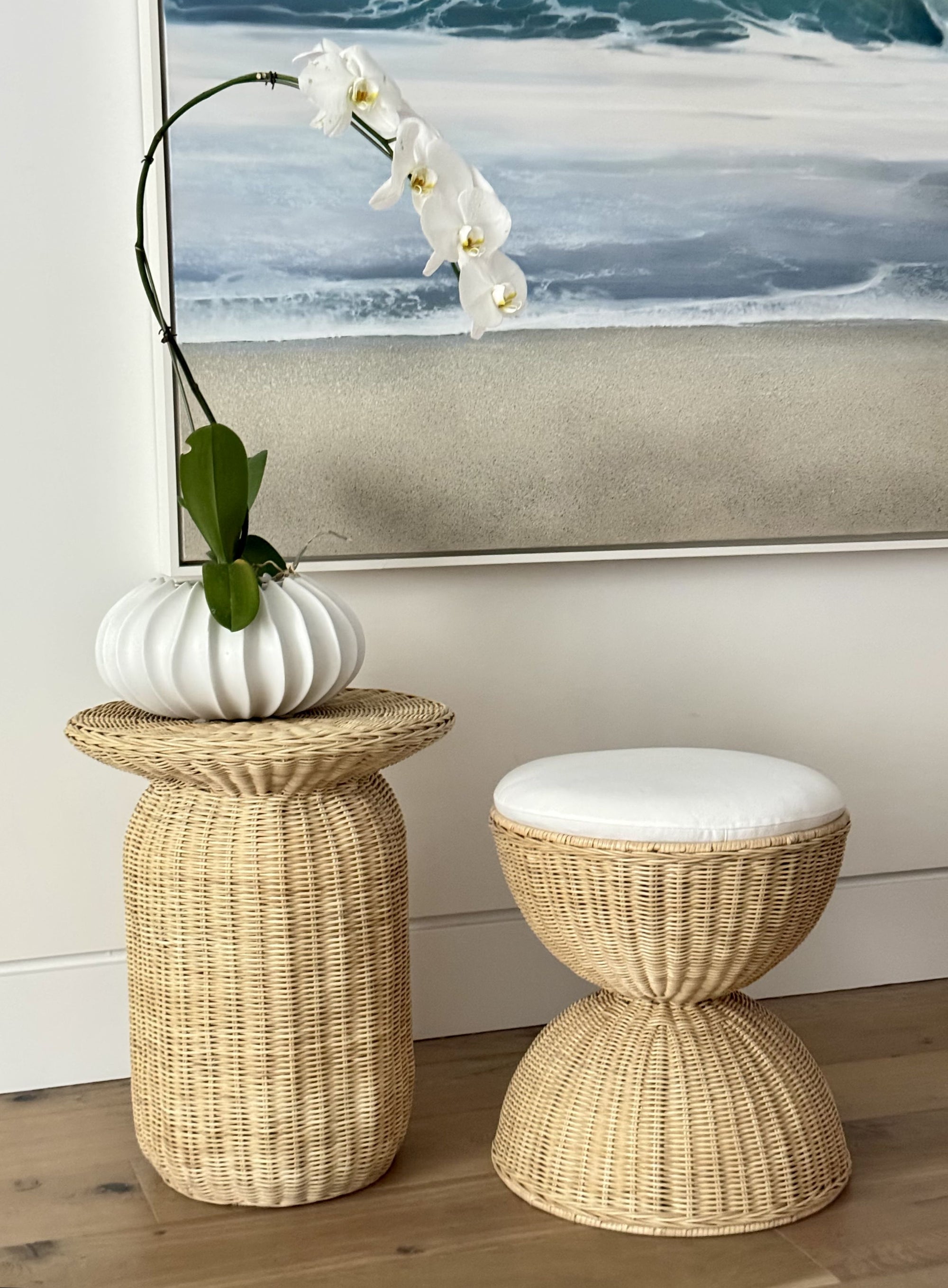 Aeris Wicker Hour Glass Upholstered Stool, Natural