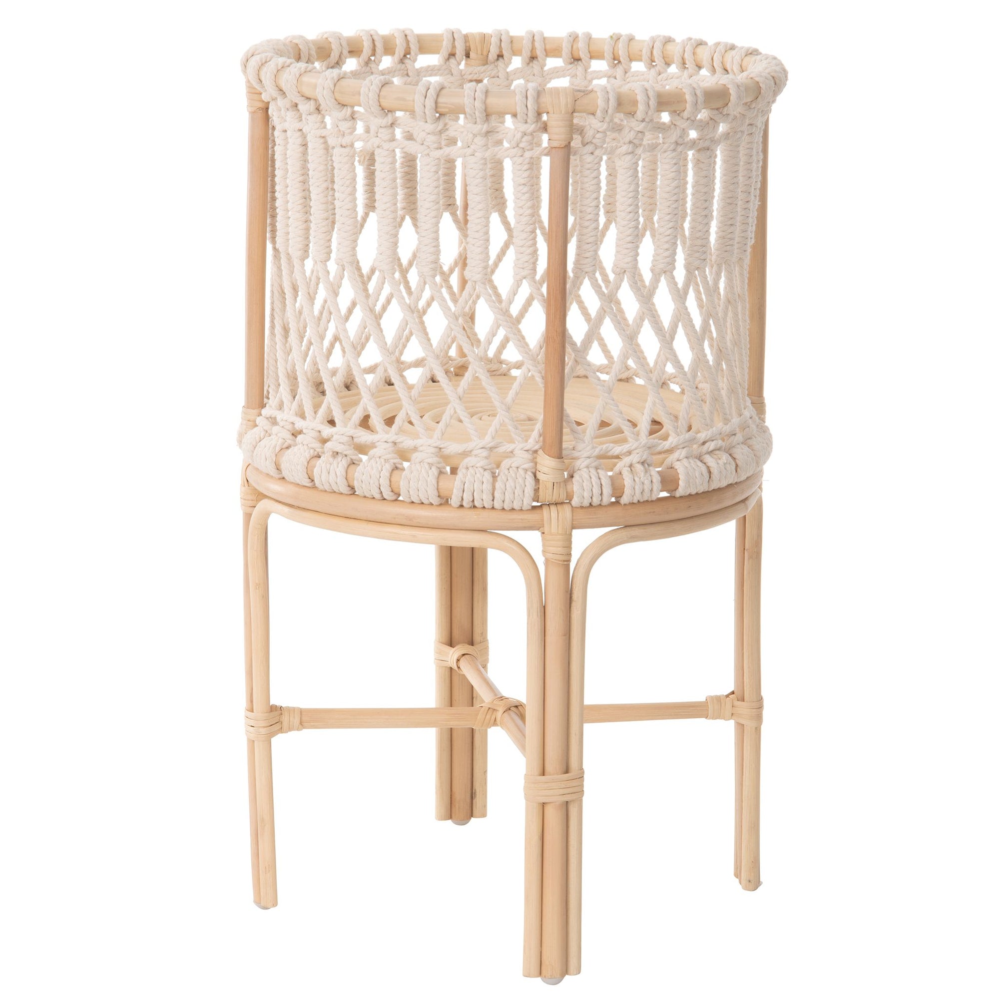 Round Rattan Planter Stand with Handmade White Cotton Rope Macrame for Indoor Use