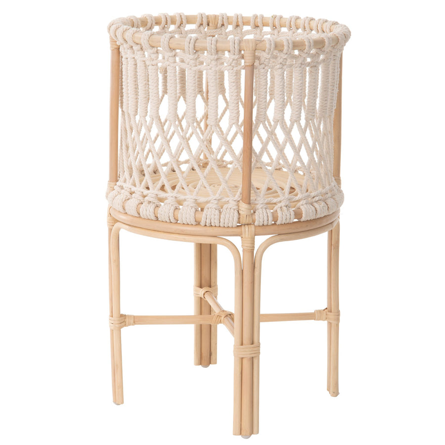 Round Rattan Planter Stand with Handmade White Cotton Rope Macrame for Indoor Use