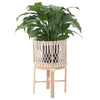 Round Rattan Planter Stand with Handmade White Cotton Rope Macrame for Indoor Use