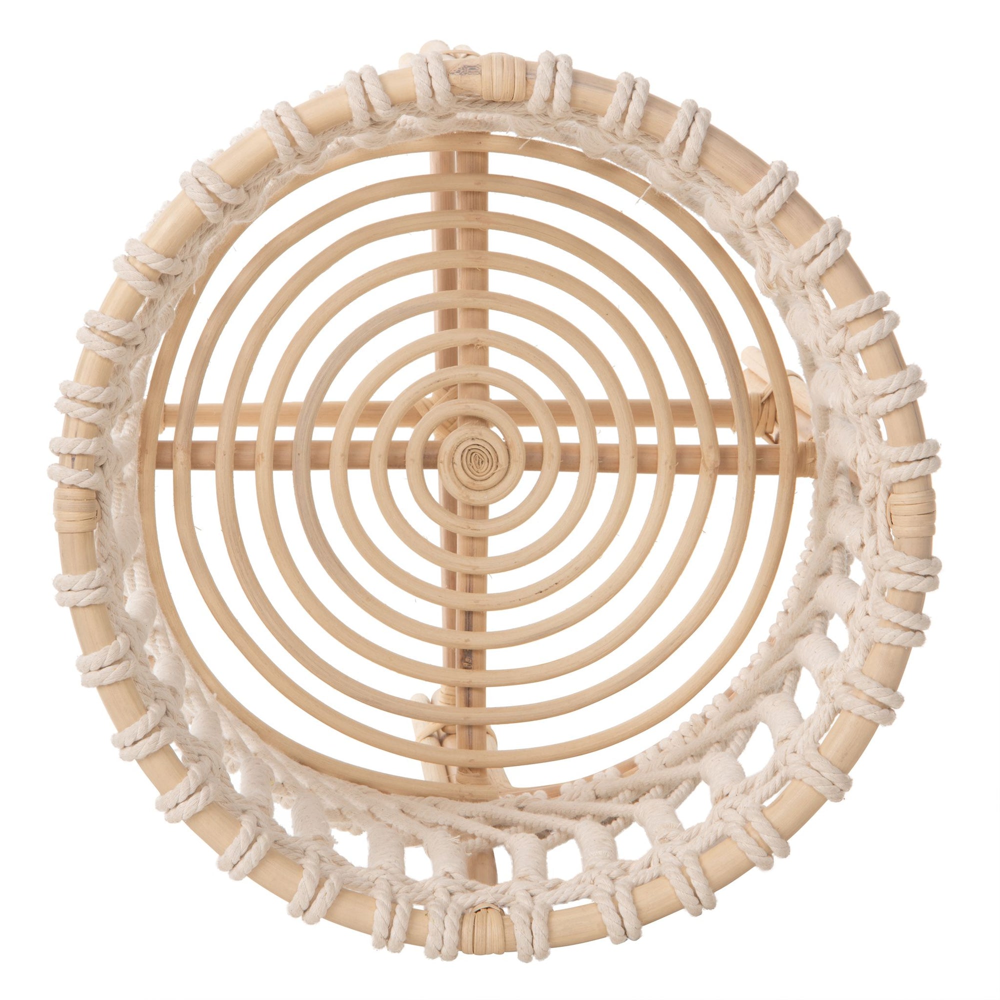 Round Rattan Planter Stand with Handmade White Cotton Rope Macrame for Indoor Use