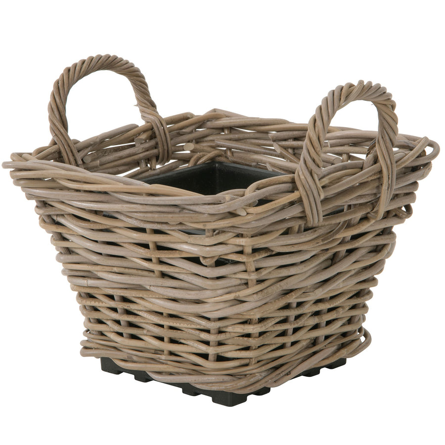 Rattan Kobo Indoor & Outdoor Square Planter Basket with Ear Handles & Plastic Pot