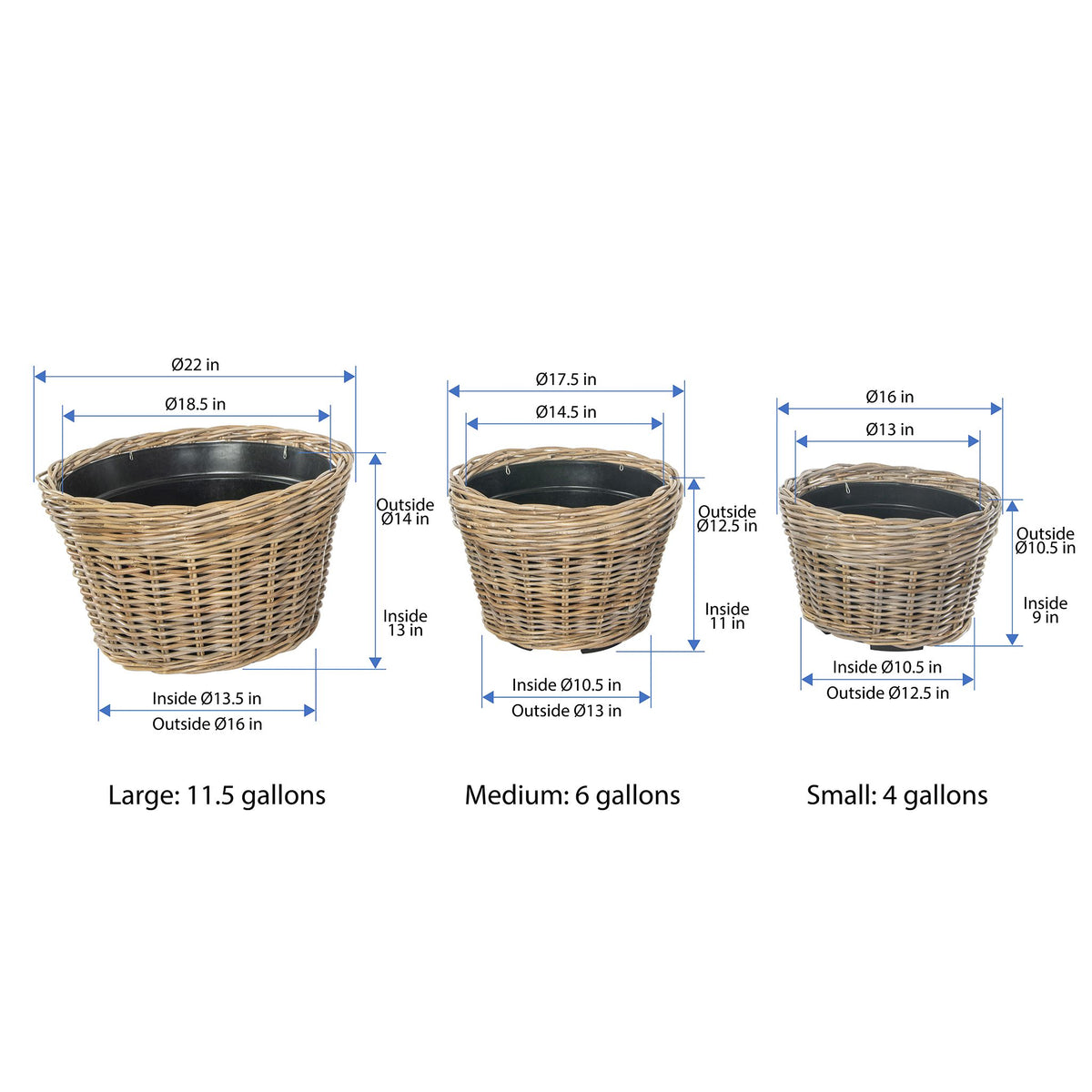 kobo plastic pot planter Rattan Kobo Conical Indoor & Outdoor Planter Basket with Plastic Pot
