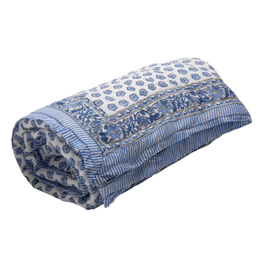 Hand Block Print Cotton Quilt and Bed Spread, Blue&White
