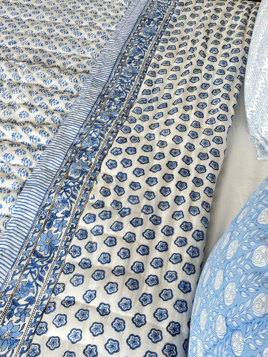 Hand Block Print Cotton Quilt and Bed Spread, Blue&White