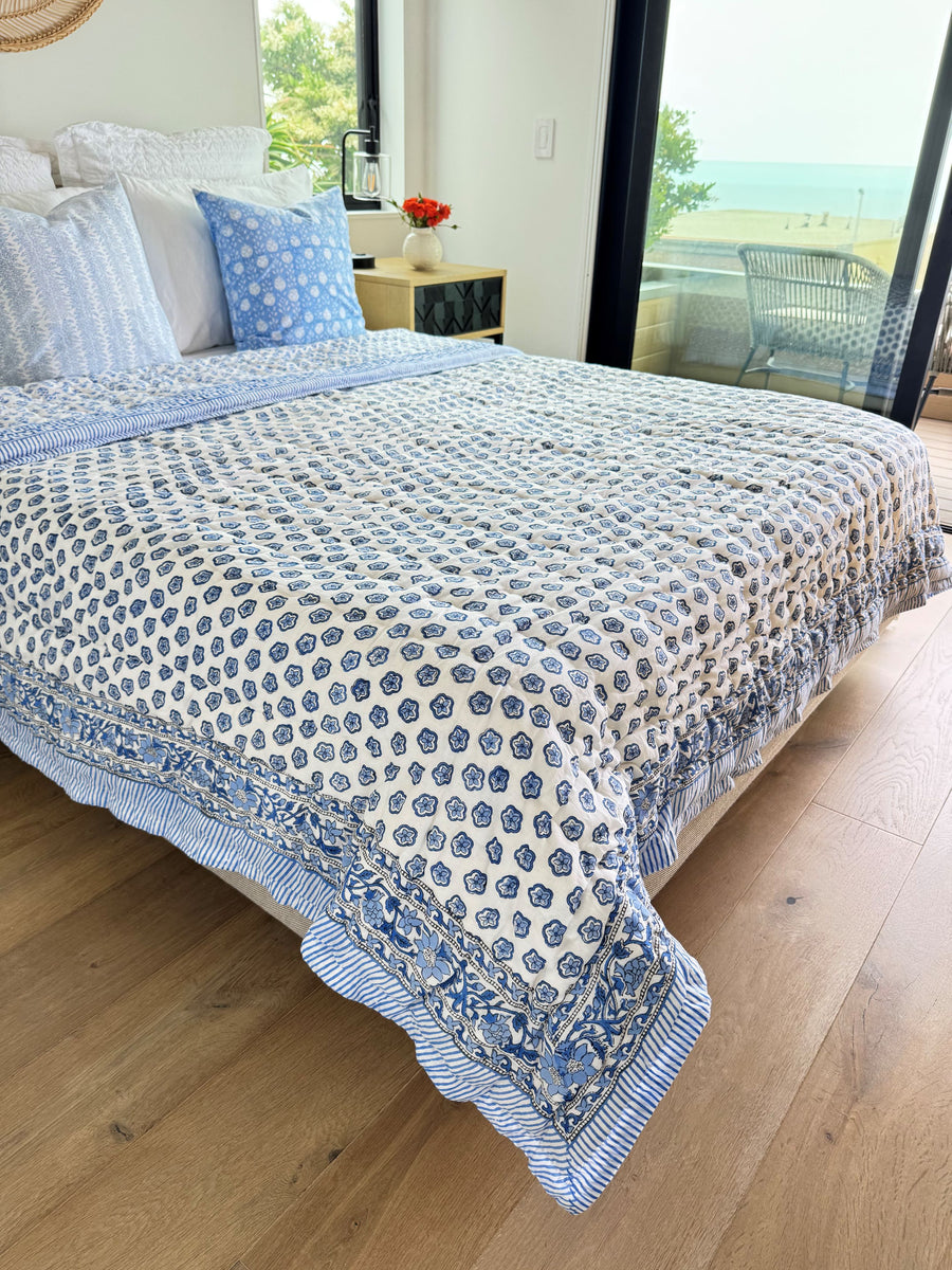 Hand Block Print Cotton Quilt and Bed Spread, Blue&White