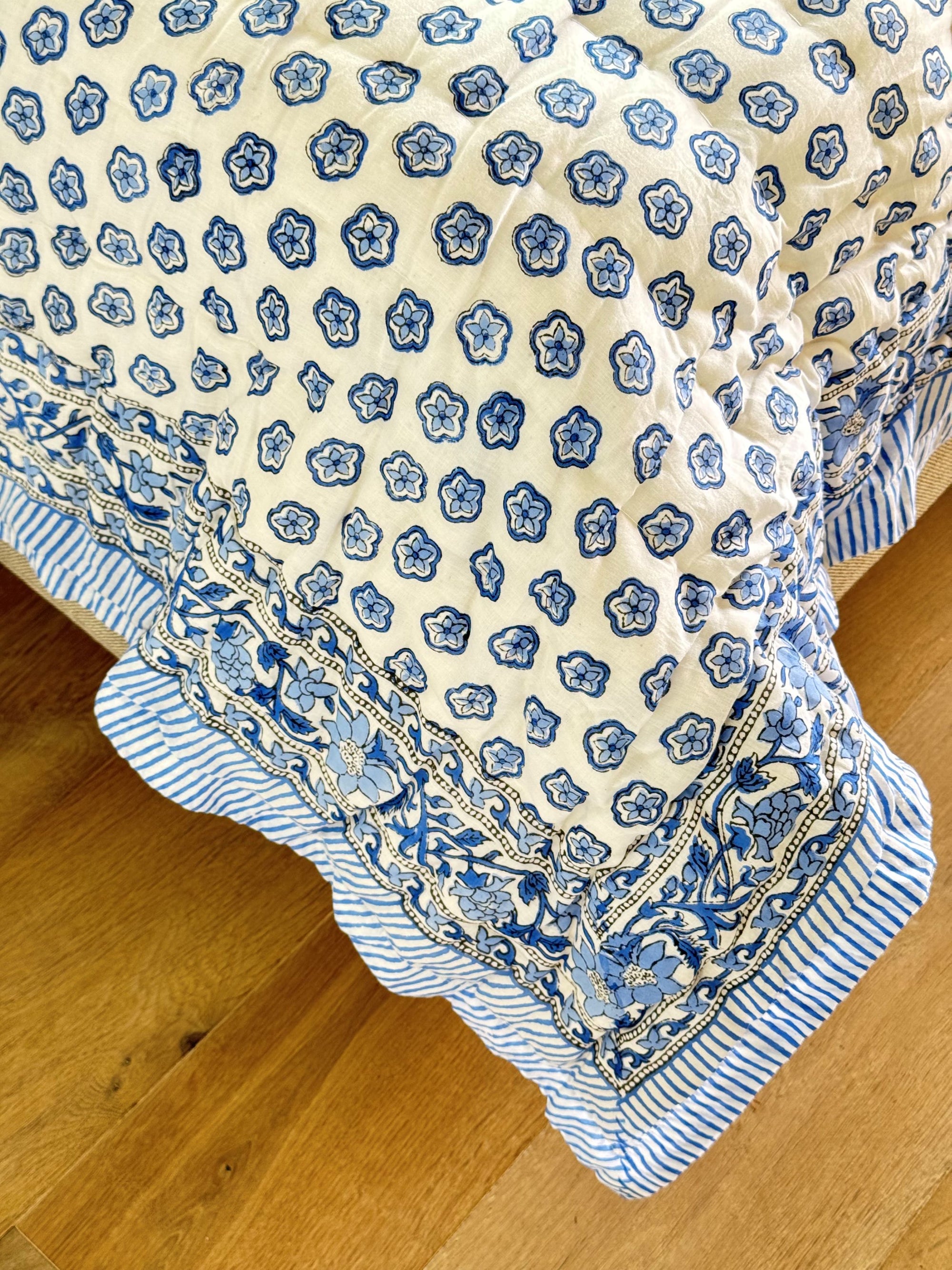 Hand Block Print Cotton Quilt and Bed Spread, Blue&White