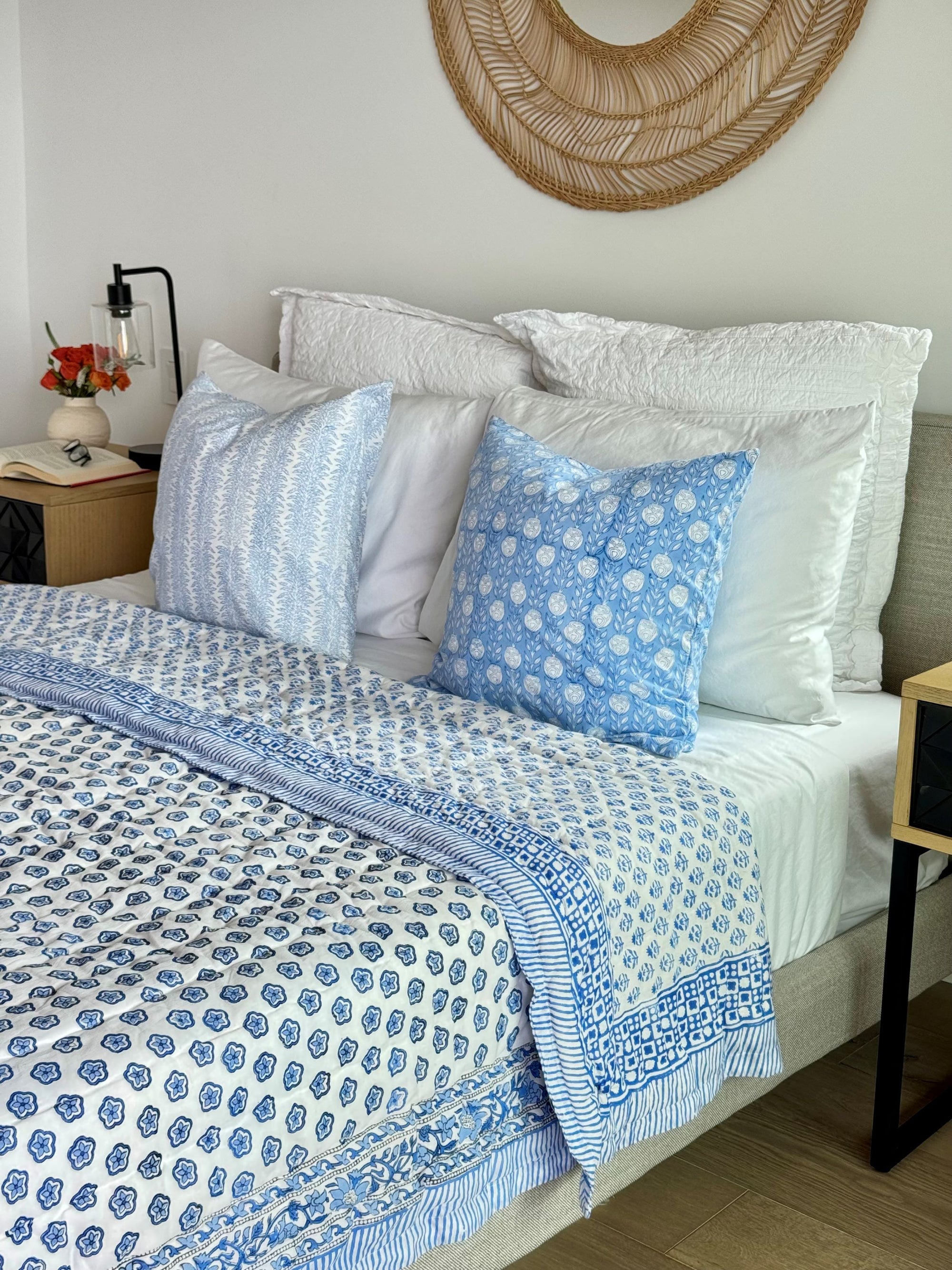 Hand Block Print Cotton Quilt and Bed Spread, Blue&White