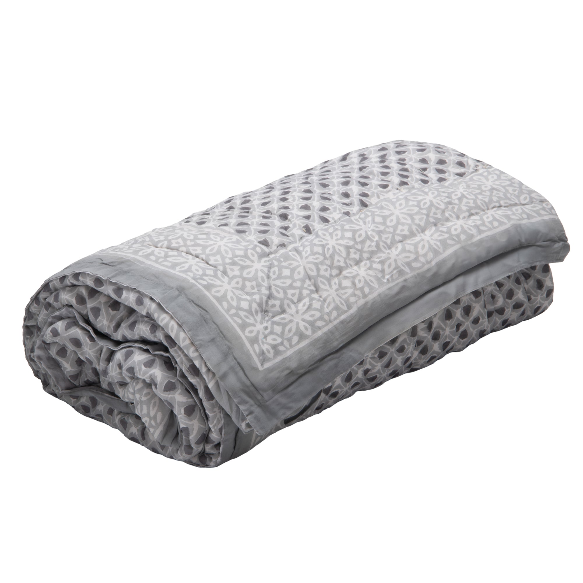 Hand Block Print Cotton Quilt and Bed Spread, Gray