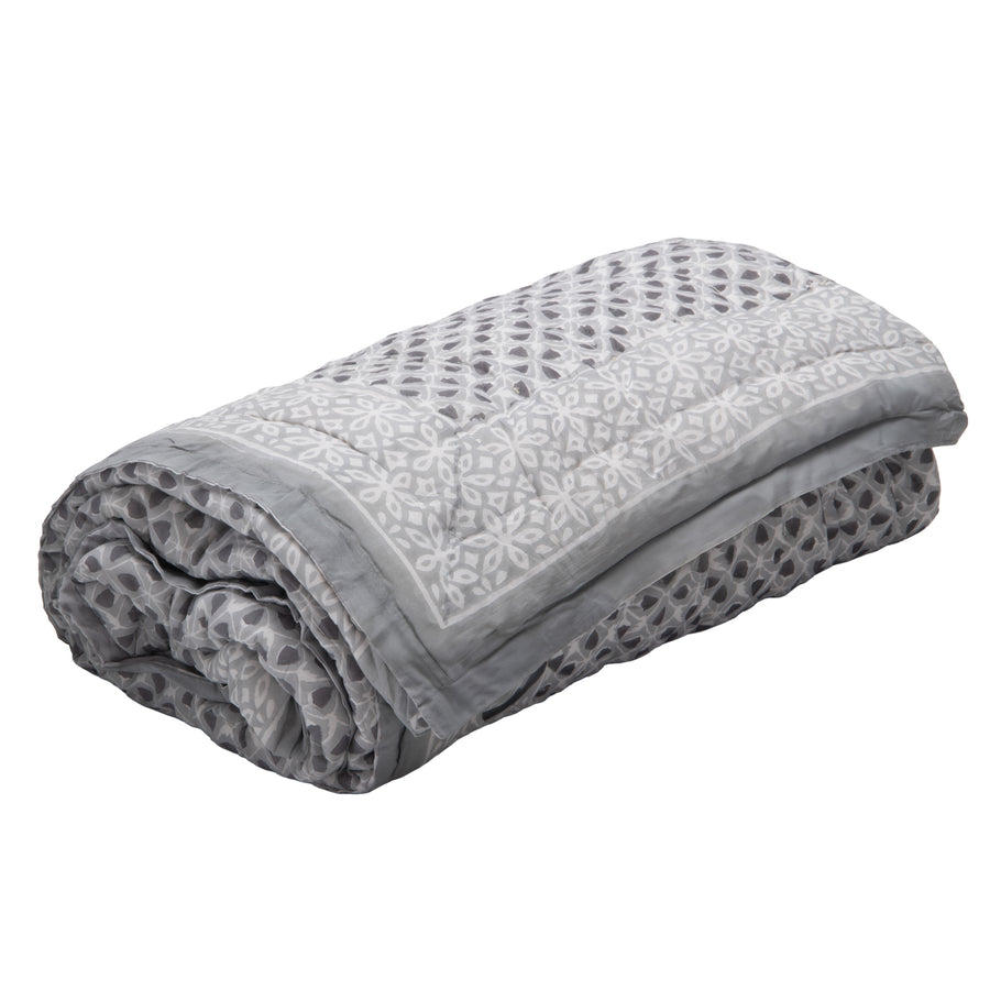 Hand Block Print Cotton Quilt and Bed Spread, Gray