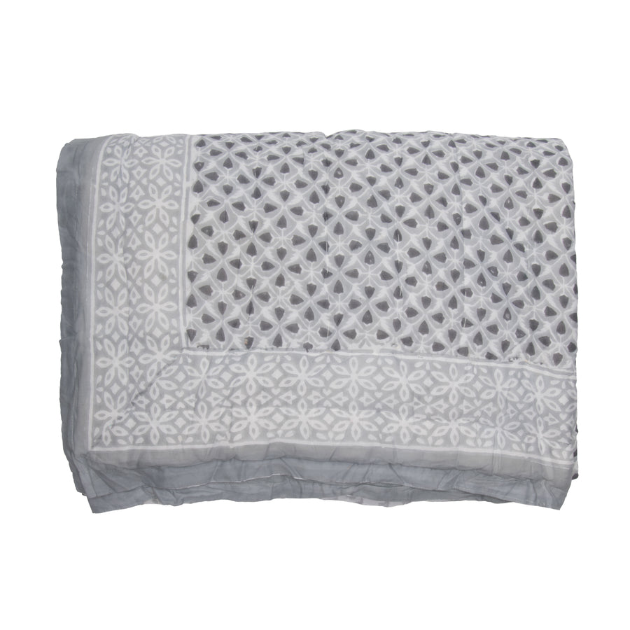 Hand Block Print Cotton Quilt and Bed Spread, Gray