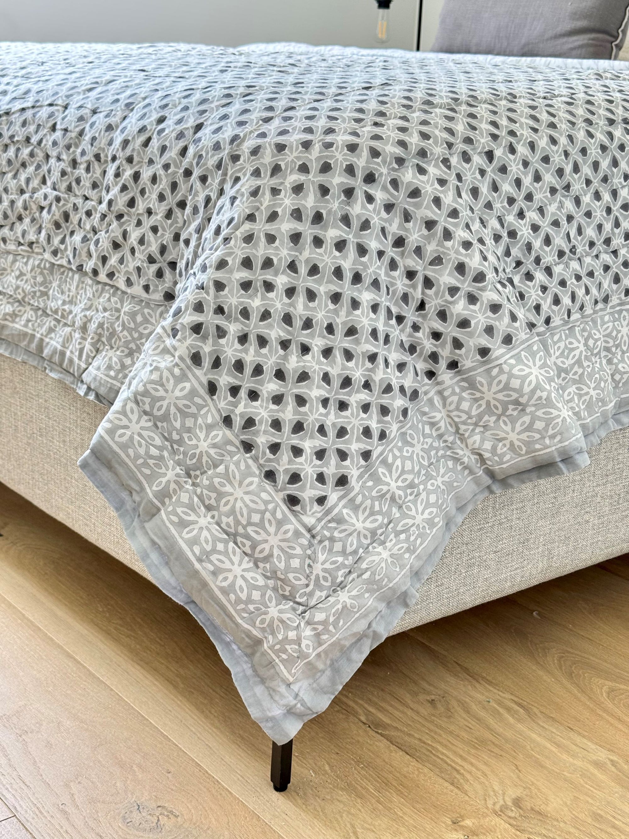 Hand Block Print Cotton Quilt and Bed Spread, Gray