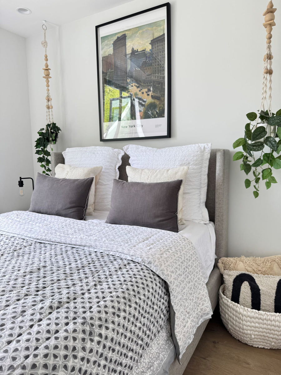 Hand Block Print Cotton Quilt and Bed Spread, Gray