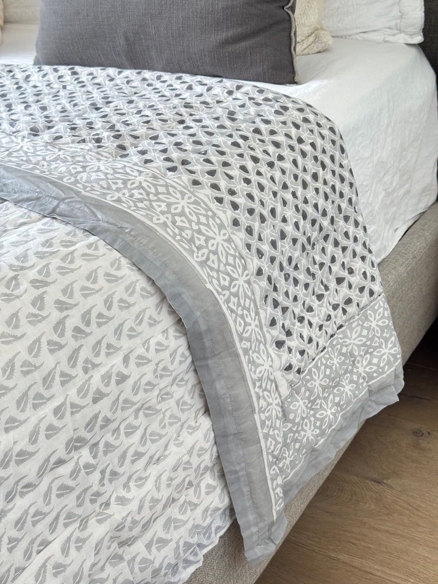 Hand Block Print Cotton Quilt and Bed Spread, Gray