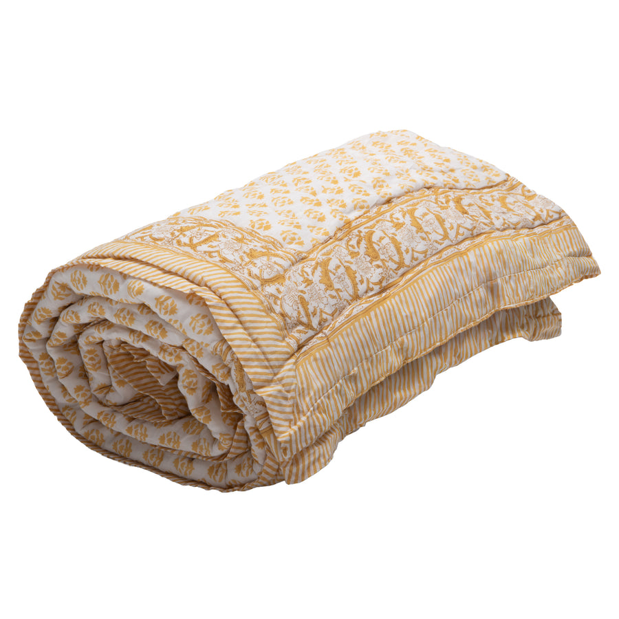 Hand Block Print Cotton Quilt and Bed Spread, Yellow