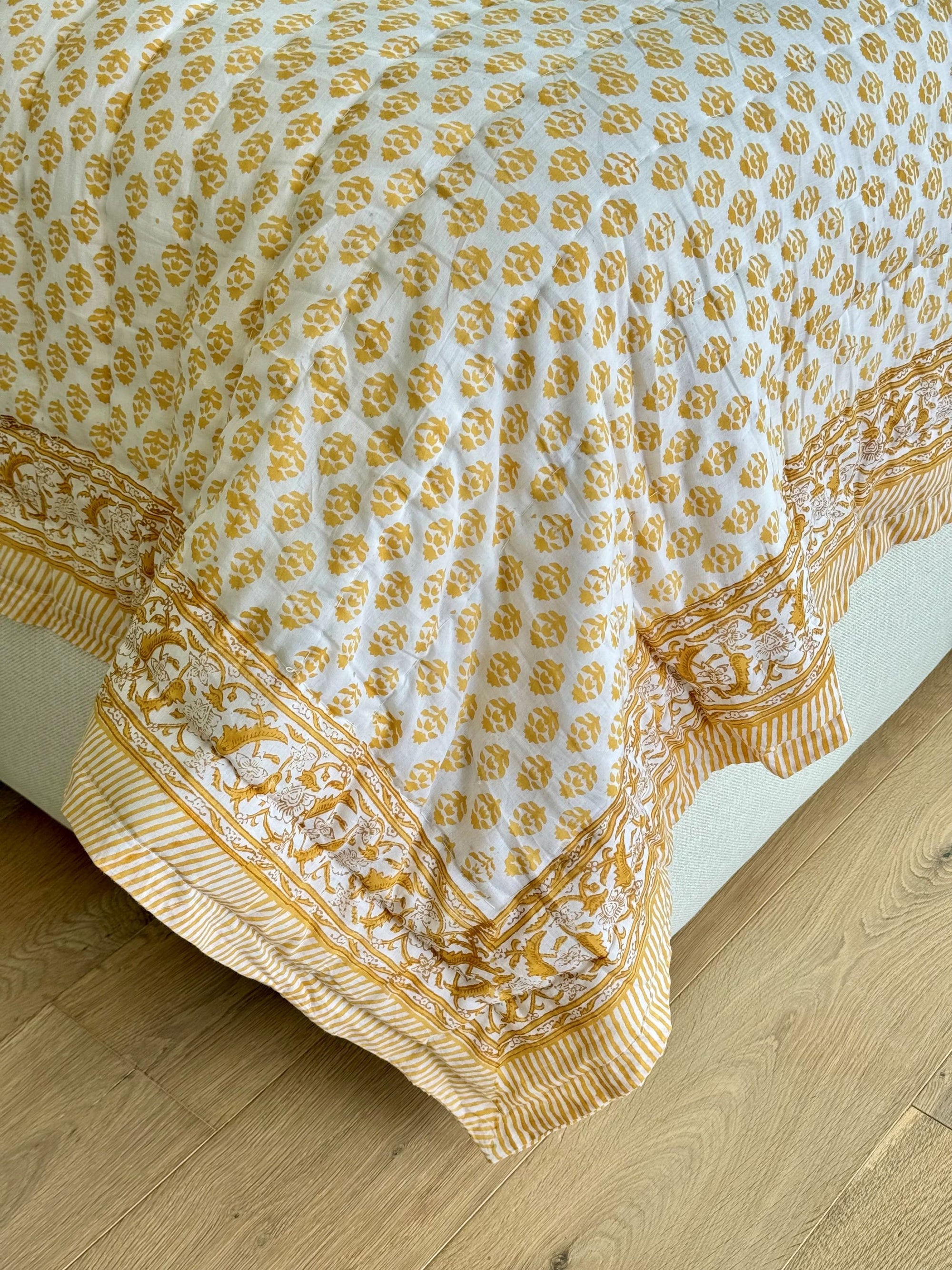 Hand Block Print Cotton Quilt and Bed Spread, Yellow