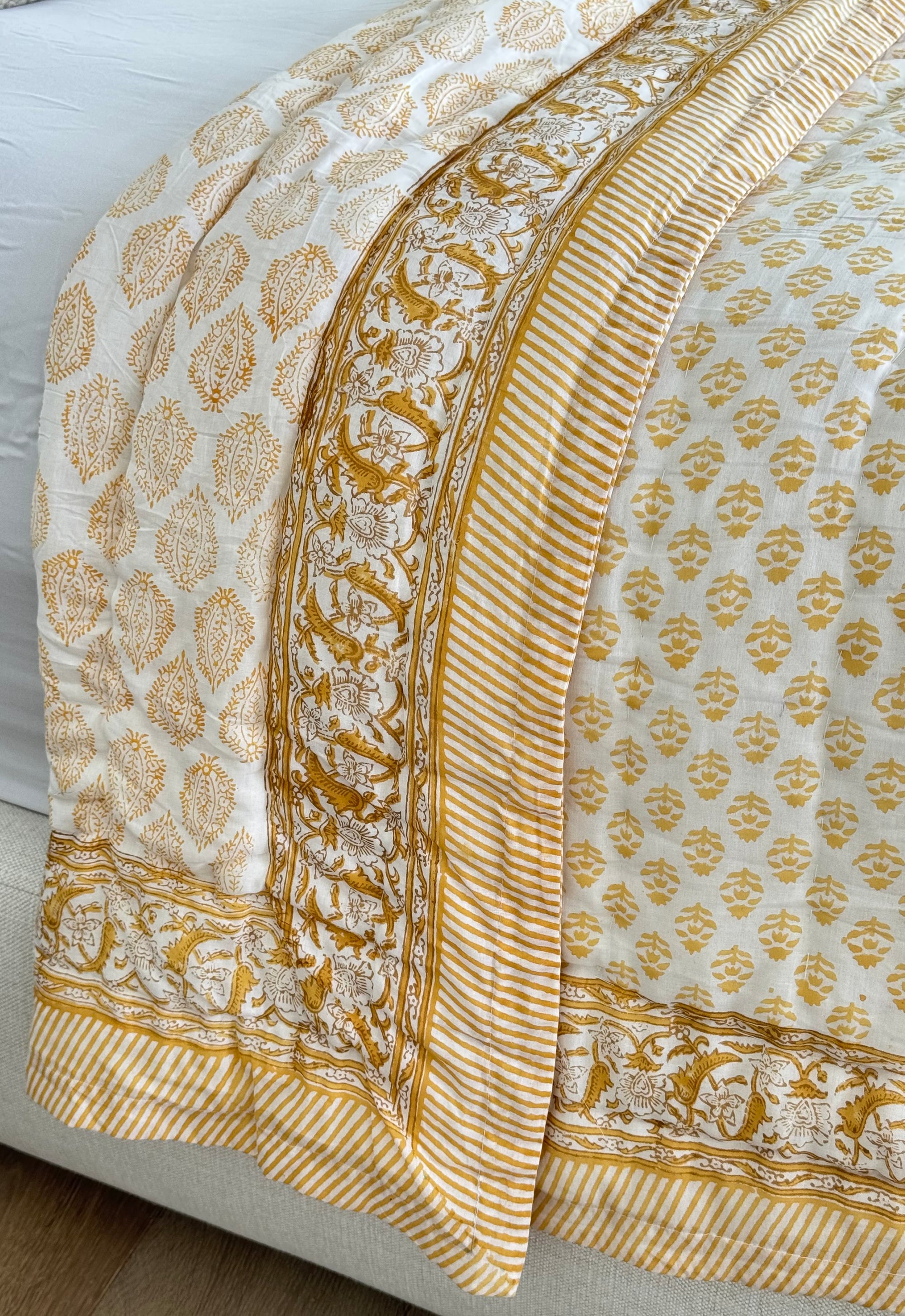 Hand Block Print Cotton Quilt and Bed Spread, Yellow