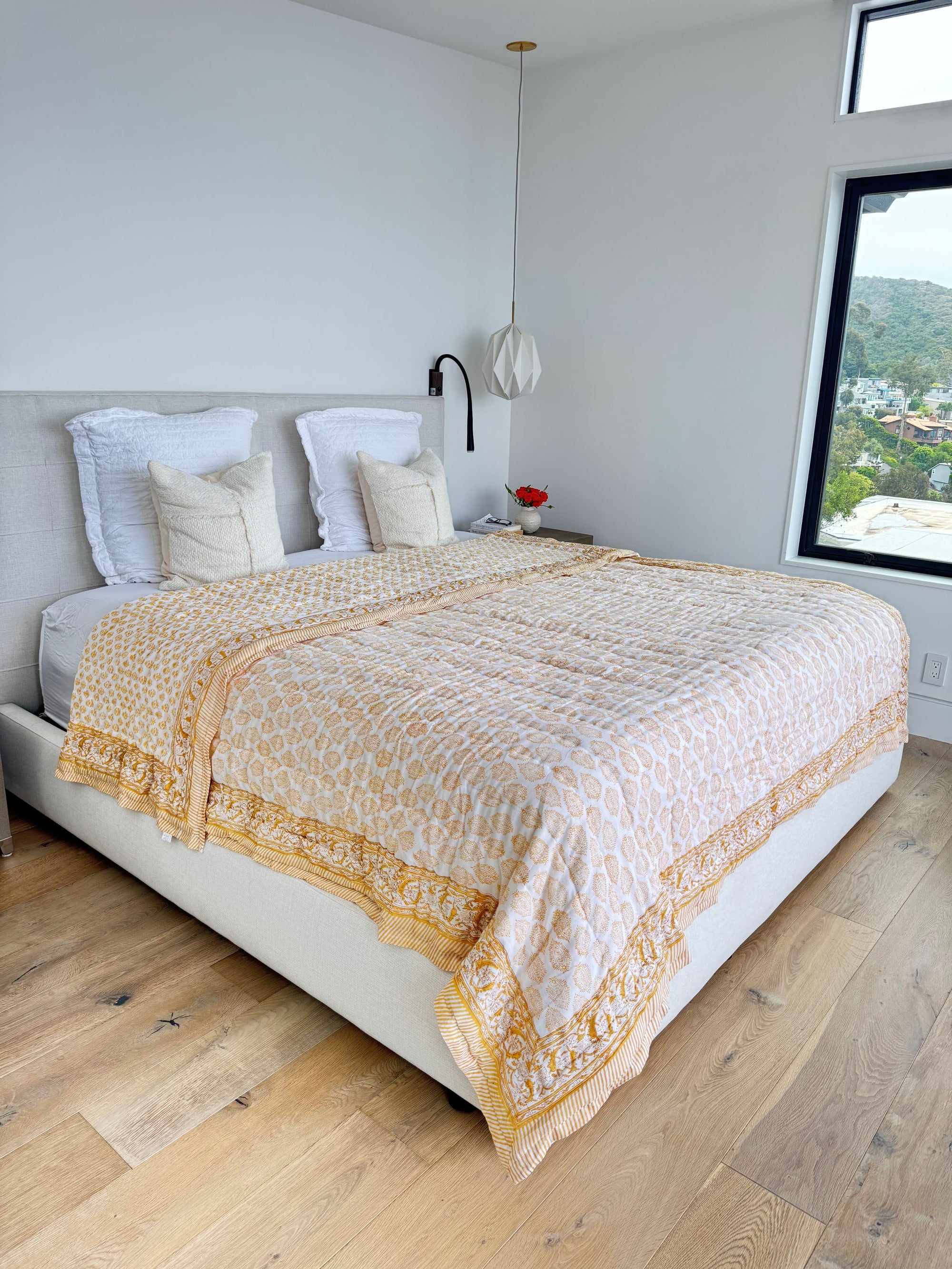 Hand Block Print Cotton Quilt and Bed Spread, Yellow