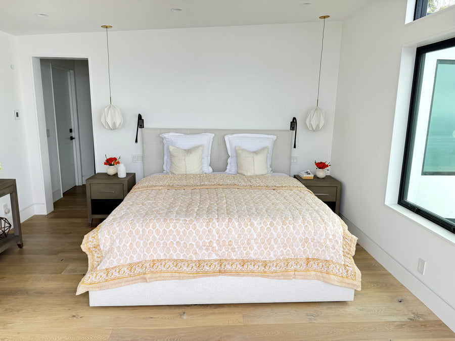 Hand Block Print Cotton Quilt and Bed Spread, Yellow