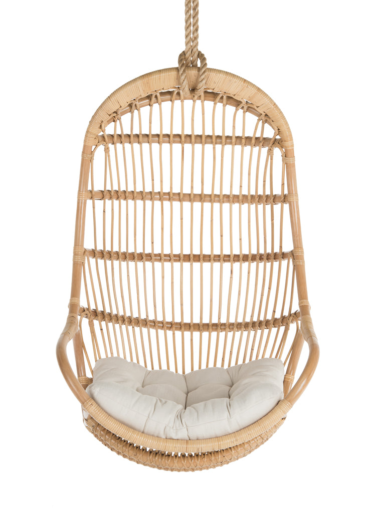 Kouboo Hanging Rattan Swing Chair With White Seat Cushion