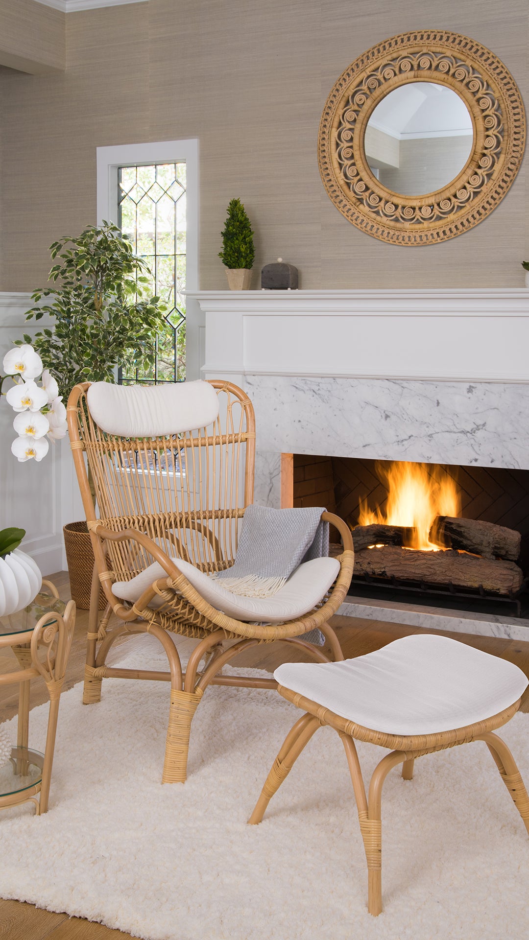 Rattan Loop Foot Stool and Ottoman, Natural Brown