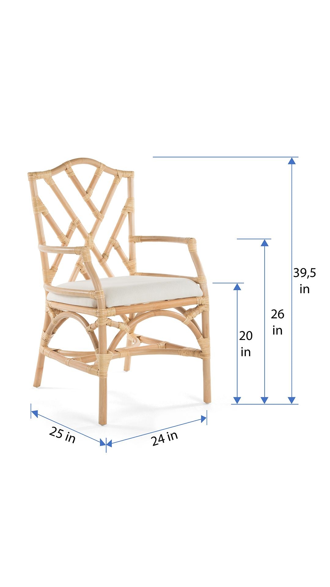 Rattan Chippendale Upholstered Dining Armchair, Set of 2 Chairs