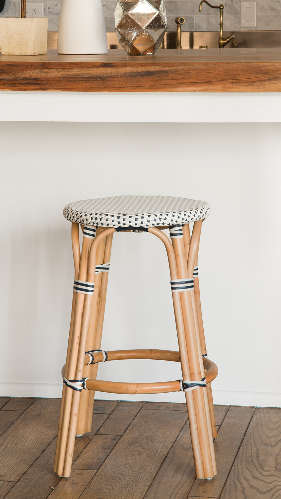 Bistro Backless Bar Stool, White and Blue