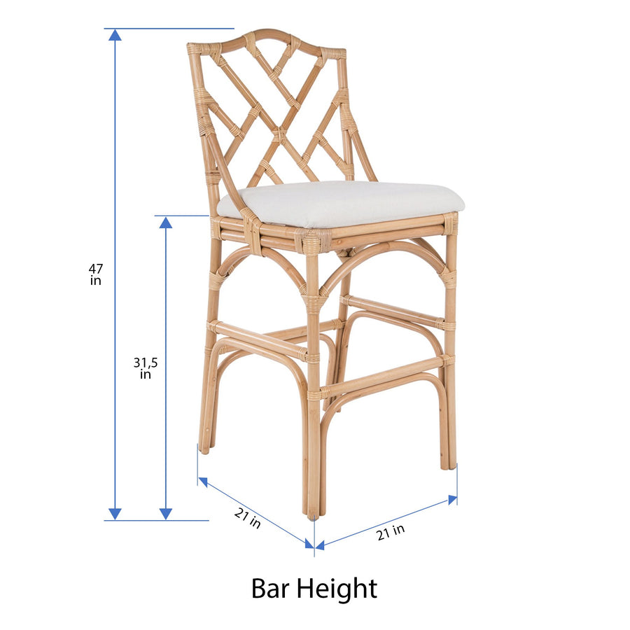 Chippendale Rattan Barstool, Natural Color and Off-White Upholstery