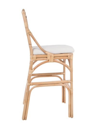 Chippendale Rattan Barstool, Natural Color and Off-White Upholstery