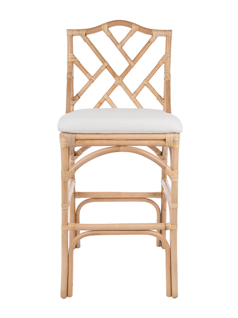 Chippendale Rattan Barstool, Natural Color and Off-White Upholstery