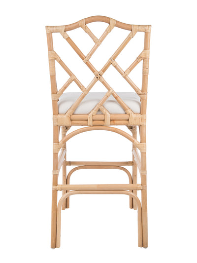 Chippendale Rattan Barstool, Natural Color and Off-White Upholstery