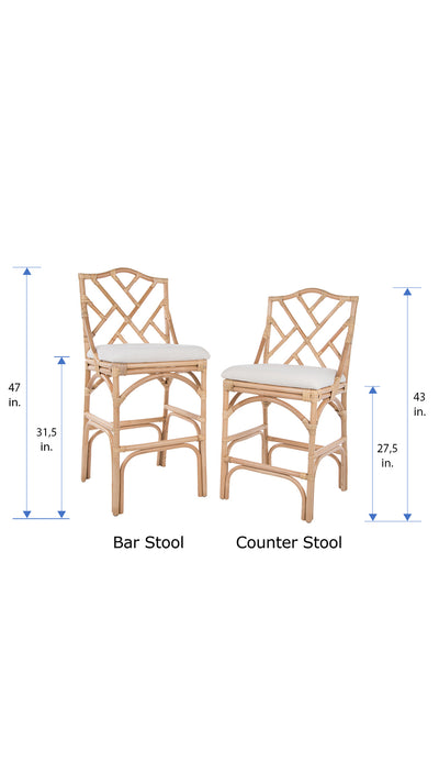 Chippendale Rattan Barstool, Natural Color and Off-White Upholstery