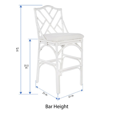 Chippendale Rattan Barstool, White and Off-White Upholstery