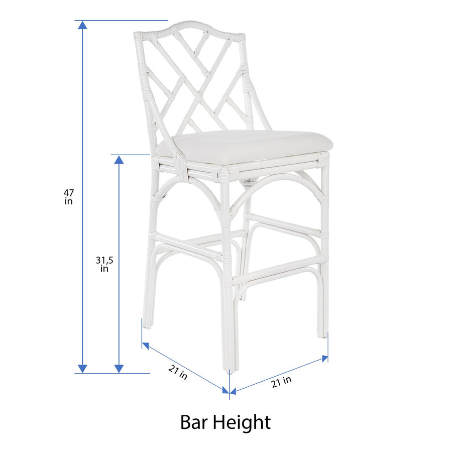 Chippendale Rattan Barstool, White and Off-White Upholstery
