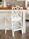 Chippendale Rattan Barstool, White and Off-White Upholstery