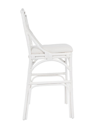 Chippendale Rattan Barstool, White and Off-White Upholstery