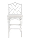 Chippendale Rattan Barstool, White and Off-White Upholstery