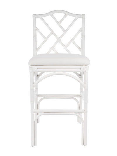 Chippendale Rattan Barstool, White and Off-White Upholstery