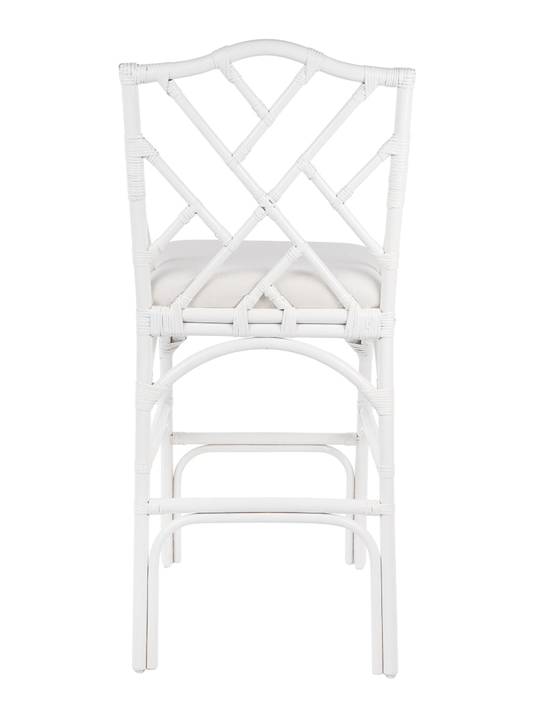 Chippendale Rattan Barstool, White and Off-White Upholstery