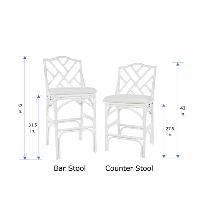 Chippendale Rattan Barstool, White and Off-White Upholstery