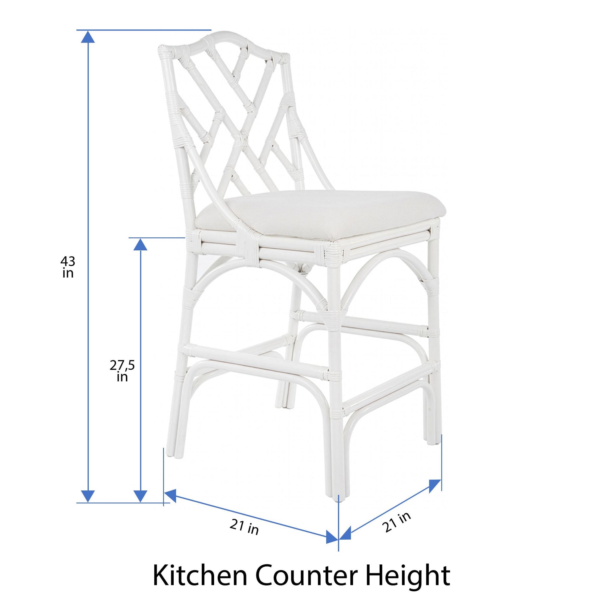 Chippendale Rattan Counter Stool, White and Off-White Upholstery