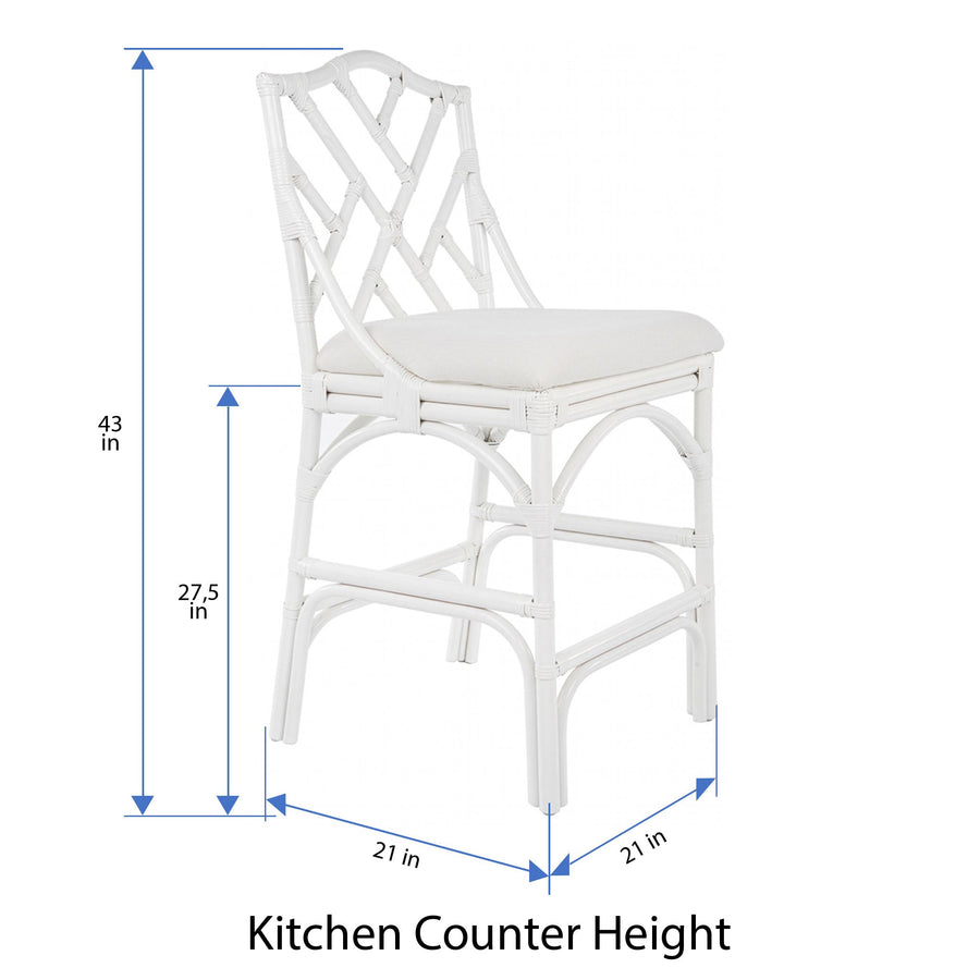 Chippendale Rattan Counter Stool, White and Off-White Upholstery