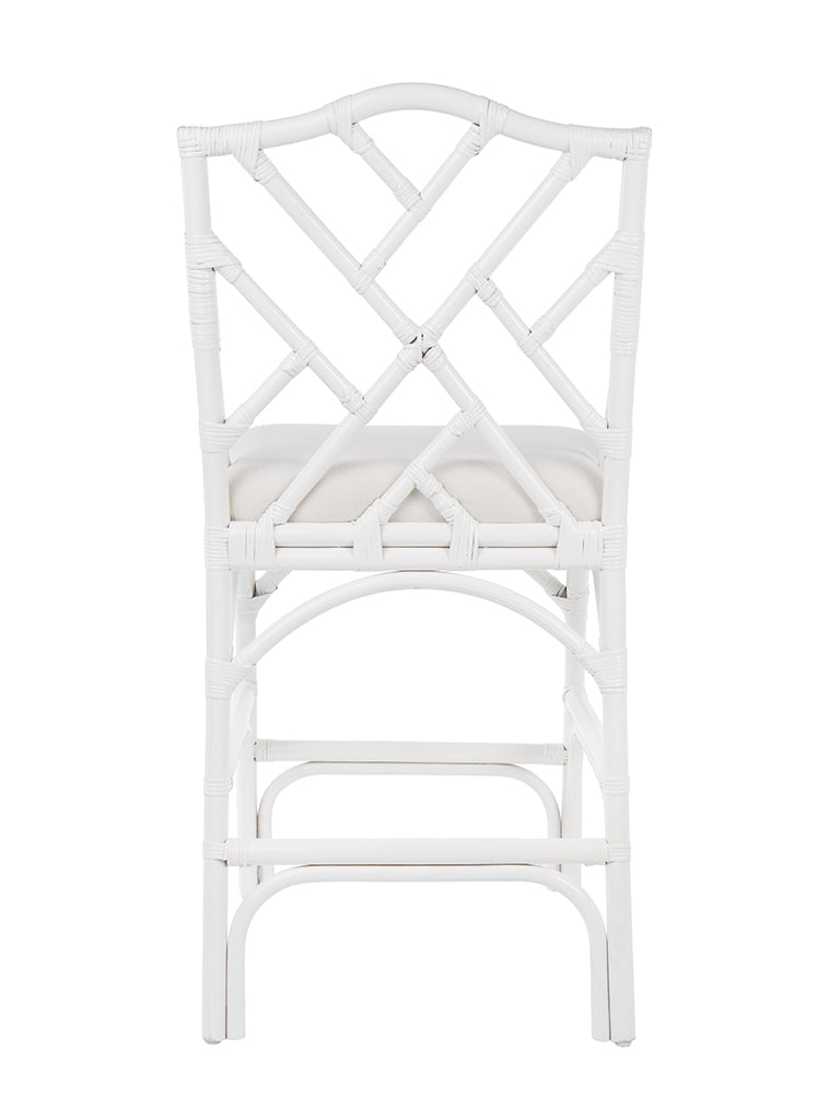 Chippendale Rattan Counter Stool, White and Off-White Upholstery