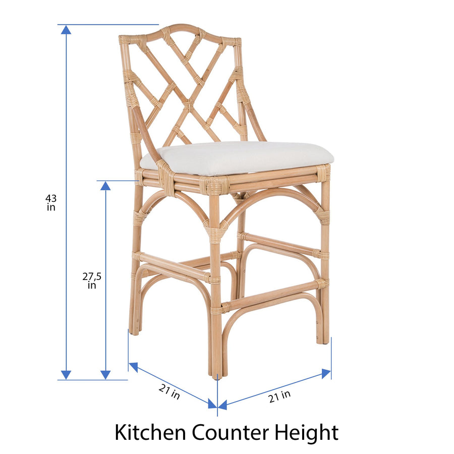 Chippendale Rattan Counter Stool, Natural and Off-White Upholstery