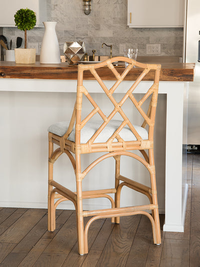 Chippendale Rattan Counter Stool, Natural and Off-White Upholstery