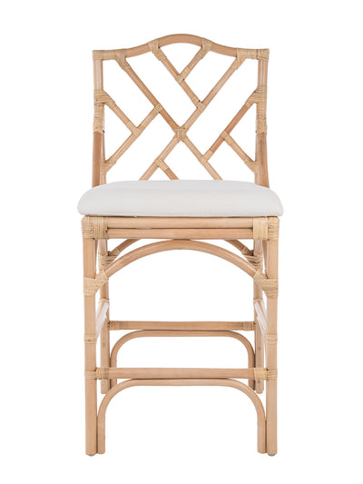 Chippendale Rattan Counter Stool, Natural and Off-White Upholstery