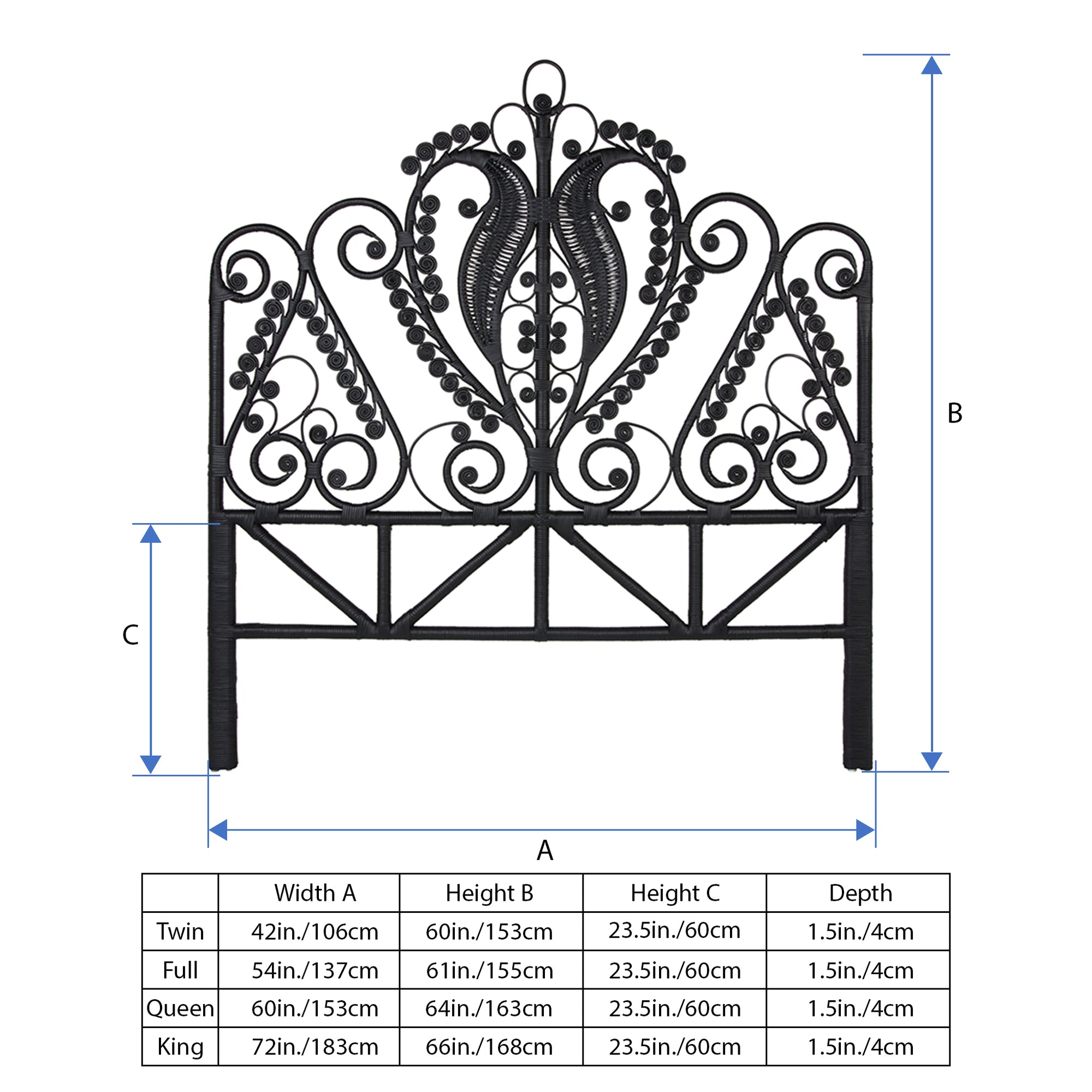 Peacock Rattan Headboard, Black